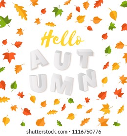 Word AUTUMN composition with green yellow red leaves on white background in paper cut style. Fall leaf 3d realistic letters for design poster, banner, flyer T-shirt printing, Vector card illustration