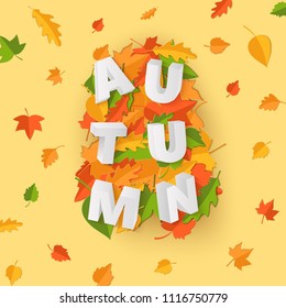 Word AUTUMN composition with green yellow red leaves on yellow background in paper cut style. Fall leaf 3d realistic letters for design poster, banner, flyer T-shirt printing. Vector card illustration