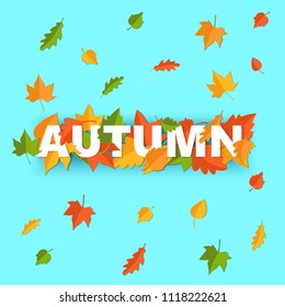 Word AUTUMN composition with green yellow red leaves on blue background in paper cut style. Fall leaf realistic yellow letters for design poster, banner, flyer T-shirt printing. Vector illustration