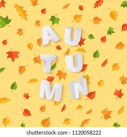 Word AUTUMN composition with green yellow red leaves on yellow background in paper cut style. Fall leaf 3d realistic letters for design poster, banner, flyer T-shirt printing. Vector card illustration