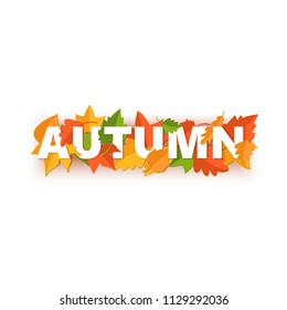 Word AUTUMN composition with green yellow red leaves on white background in paper cut style. Fall leaf realistic letters for design poster, banner, flyer T-shirt printing. Vector illustration.