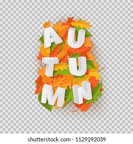 Word AUTUMN composition with green yellow red leaves with shadow in paper cut style. Fall craft leaf 3d realistic letters for design poster, banner, flyer T-shirt printing. Vector illustration