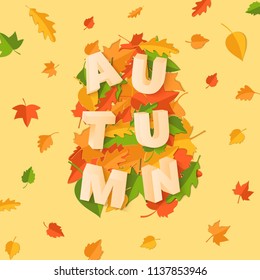 Word AUTUMN composition with green yellow red leaves on yellow background in paper cut style. Fall leaf 3d realistic letters for design poster, banner, flyer T-shirt printing. Vector card illustration