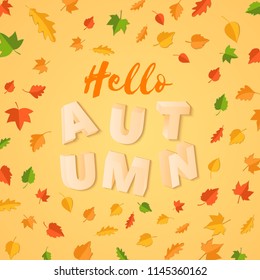 Word AUTUMN composition with green yellow red leaves on yellow background in paper cut style. Fall leaf 3d realistic letters for design poster, banner, flyer T-shirt printing. Vector card illustration