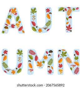 The word AUTUMN consists of letters with bright autumn leaves. Vector illustration