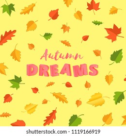 Word autumn DREAMS composition with green yellow red leaves on yellow background in paper cut style. Fall leaf 3d realistic letters for design poster, banner, flyer T-shirt printing. Vector.