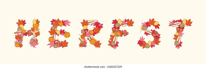 Word autumn in Dutch with autumn's elements decoration in flat vector illustration art design