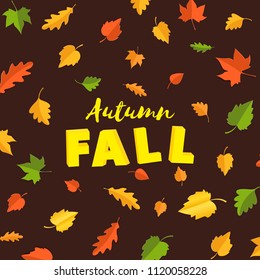 Word autumn FALL composition with green yellow red leaves on brown background in paper cut style. Fall leaf 3d realistic letters for design poster, banner, flyer T-shirt printing. Vector illustration