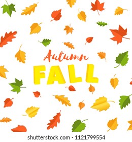 Word autumn FALL composition with green yellow red leaves on white background in paper cut style. Fall leaf 3d realistic letters for design poster, banner, flyer T-shirt printing. Vector illustration.