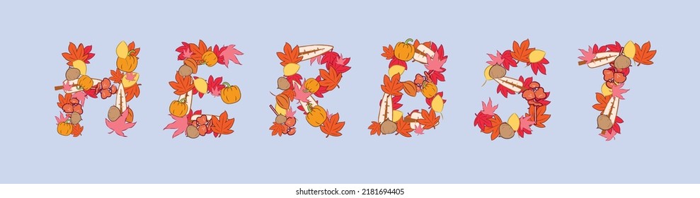 Word autumn in German with autumn's elements decoration in flat vector illustration art design