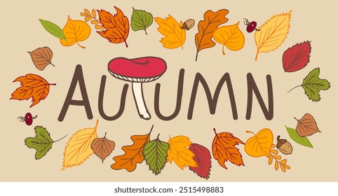 word 'AUTUMN' with letters resembling branches or tree parts, surrounded by colorful autumn elements like leaves, acorns, berries, and a mushroom. autumnal vibes and nature-inspired aesthetics