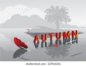  the word autumn with a shadow on water and and a red umbrella against a gray landscape