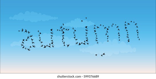 the word "autumn" shaped silhouettes of birds against the sky vector image