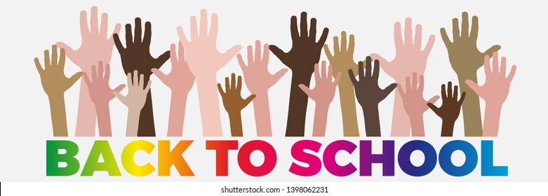 The word back to school and hands, with people who say hello. Vector banner with the text drawing style.
