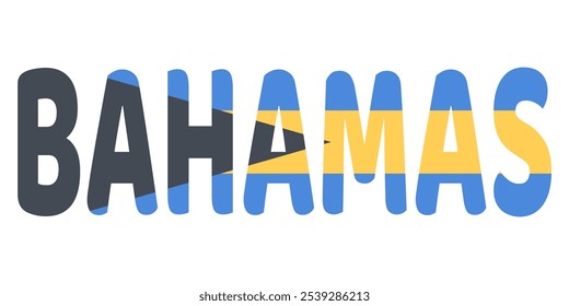 La palabra BAHAMAS se muestra en letras Grandes y en negrita. Las letras están coloreadas con los colores de la bandera de las Bahamas: negro, aguamarina y oro.