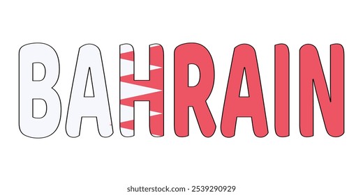 The word BAHRAIN is displayed in large, bold letters. The letters are outlined in white and filled with the colors of the Bahraini flag: red and white.