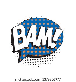 word 'BAM!' in retro comic speech bubble with halftone dotted shadow on white background. vector vintage pop art illustration easy to edit and customize. eps 10