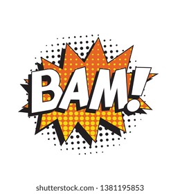 word 'BAM!' in retro comic speech bubble with halftone dotted shadow on white background. vector vintage pop art illustration easy to edit and customize. eps 10
