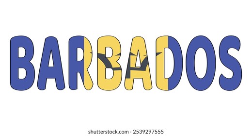 Das Wort BARBADOS wird in großen, fetten Buchstaben angezeigt. Die Buchstaben sind mit den Farben der Flagge Barbados farbig: blau und gelb. Mit einem Dreizack auf blauem Hintergrund.