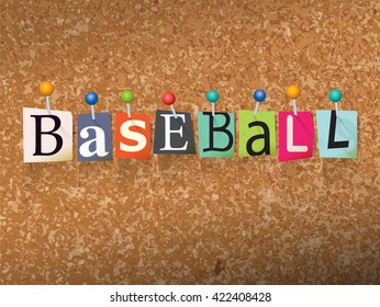 The word "BASEBALL" written in cut letters and pinned to a cork bulletin board illustration. Vector EPS 10 available.