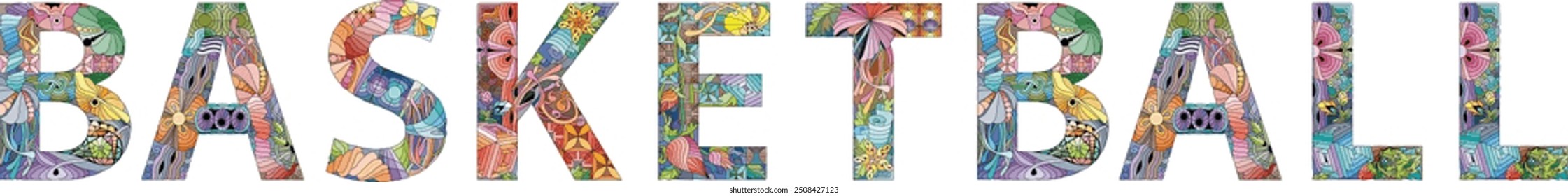 Word BASKETBALL in the style of abstract hand drawing. Letters with ornament