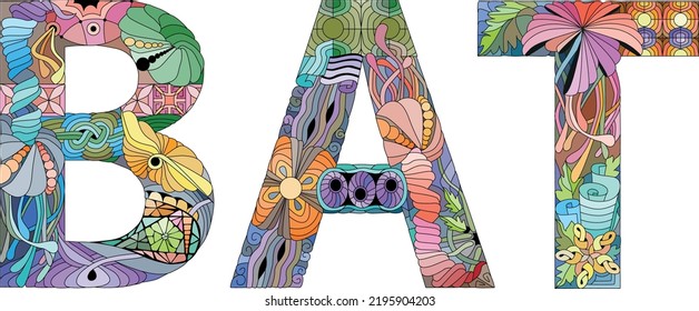 Word BAT in the style of abstract hand drawing. Letters with ornament