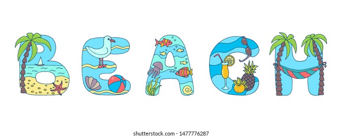 Word BEACH of bright colorful letters of the English alphabet, summer beach holidays and vacations at sea