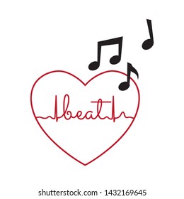 word beat as a part of cardiogram, red heart and music notes 