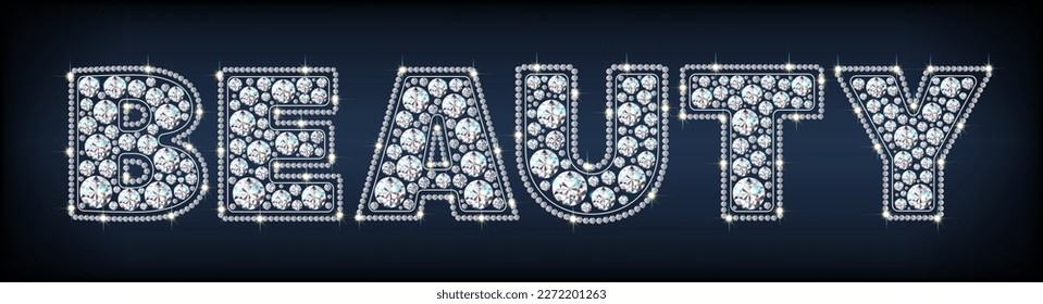 Word Beauty made of bright sparkling diamonds. Jewelry font. 3D realistic style vector illustration.