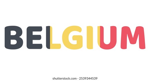 A palavra BÉLGICA é exibida em letras grandes e em negrito. As letras são coloridas com as cores da bandeira belga: preto, amarelo e vermelho. Organizado em um padrão tribanda vertical dentro da palavra.