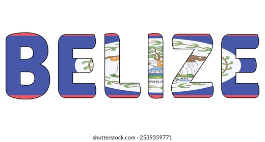 The word BELIZE is displayed in large, bold letters. The letters are outlined in blue and filled with the image of the Belizean flag, coat of arms with a mahogany tree, a ship, and the sun.