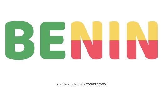 A palavra BENIN é exibida em letras grandes e em negrito. As letras são coloridas com as cores da bandeira do Benim: verde, amarelo e vermelho. As cores são organizadas em um padrão tribanda horizontal.