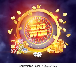 The word Big Win, surrounded by a roulette frame and attributes of gambling, on the podium, on a explosion coins, on transparent background. The new, best design of the luck banner, for casino