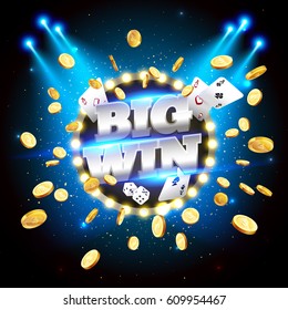 The word Big Win, surrounded by a luminous frame and attributes of gambling, on a explosion background. The new, best design of the luck banner, for gambling, casino, poker, slot, roulette or bone.