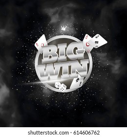 The word Big Win, surrounded by a luminous frame and attributes of gambling, on a black background. The new, best design of the luck banner, for gambling, casino, poker, slot, roulette or bone.