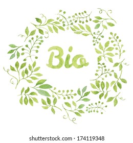 Word "Bio" in simple and cute floral oval wreath with spring branches and leaves. Vectorized watercolor drawing.