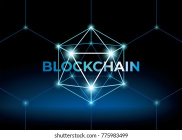 Word blockchain with low polygonal sphere. 3D hexahedron with glow. Futuristic style vector illustration