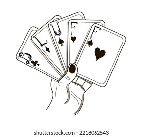 Word Bluff. Playing cards in the hand, instead of suits, the letters are written - B, L, U, F, F. Deception. Stunt. Game. Stock vector illustration isolated on a white background.