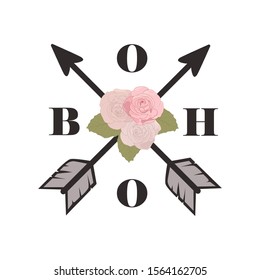 word boho surrounding crossed arrows with roses, vector 