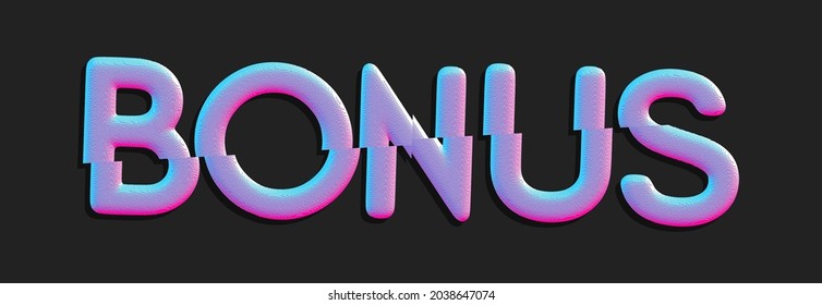 La palabra BONUS con efecto de fallo. Concepto de promoción y publicidad. Letras de fuentes rotas. Arte Voxel. Ilustración vectorial. 