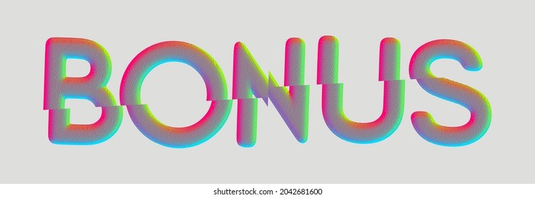 La palabra BONUS con efecto de fallo. Concepto de promoción y publicidad. Letras de fuentes rotas. Arte Voxel. Ilustración vectorial. 