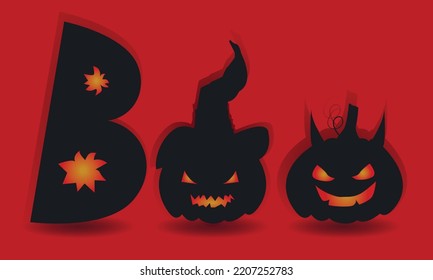 word Boo with pumpkin devil with horns and pumpkin witch in hat  halloween vector