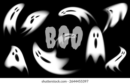 A palavra BOO é cercada por fantasmas brancos brilhantes sobre um fundo preto. Uma cena de Halloween divertida e assustadora, perfeita para projetos festivos e temáticos assustadores.