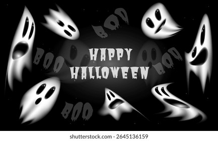 A palavra BOO é cercada por fantasmas brancos brilhantes sobre um fundo preto. Uma cena de Halloween divertida e assustadora, perfeita para projetos festivos e temáticos