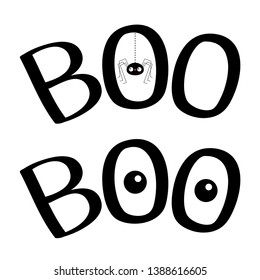 Word BOO text with hanging spider insect silhouette. Two eyes. Cute cartoon kawaii character set. Happy Halloween greeting card. Dash line thread. Flat design. White background. Vector illustration