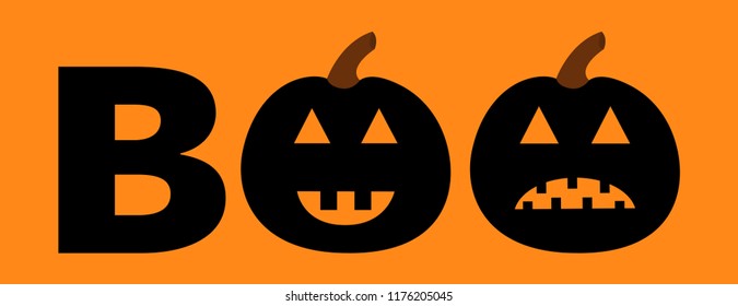 Word BOO text set with smiling sad black pumpkin silhouette. Happy Halloween. Banner lettering set. Greeting card. Flat design. Orange background. Vector illustration