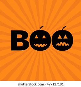 Word BOO text with smiling sad black pumpkin silhouette. Happy Halloween. Greeting card. Flat design. Orange starburst sunburst background. Vector illustration