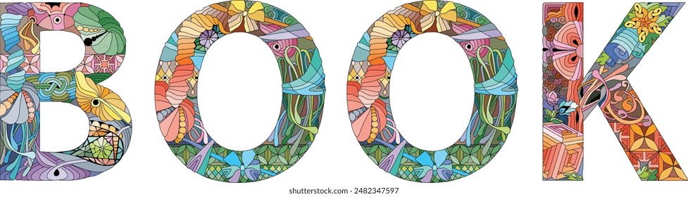 Word BOOK with the symbol of peace. Vector decorative zentangle object