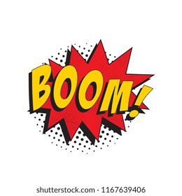 word boom! in retro comic speech bubble with halftone dotted shadow