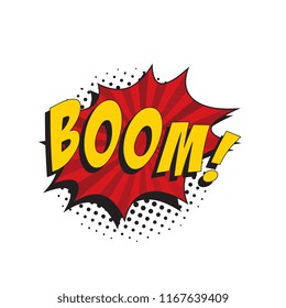word boom! in retro comic speech bubble with halftone dotted shadow